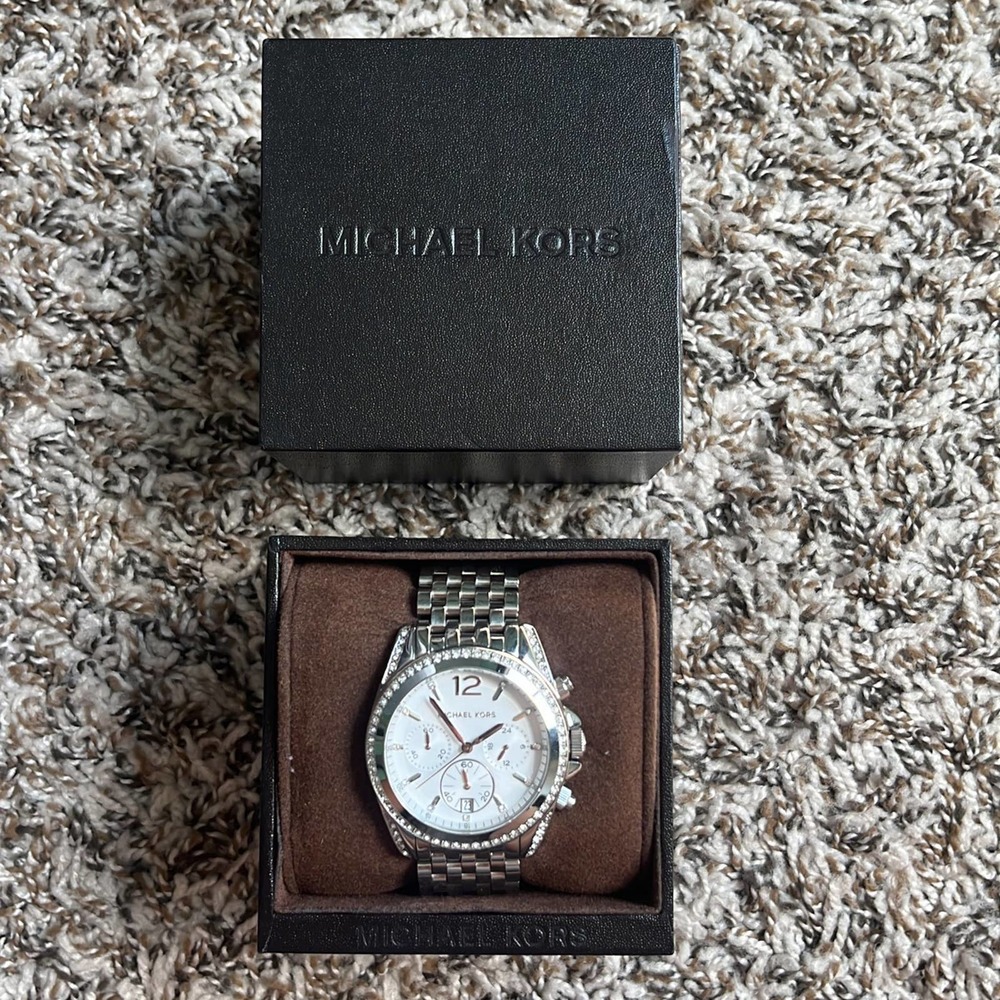 Michael Kors Silver-Tone Stainless Steel Watch with Crystal Accents